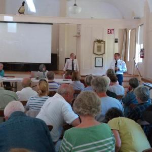 Deputy Fire Chief Jason Abbott speaks to Westport Island town meeting attendees. JANE CARPENTER/Wiscasset Newspaper