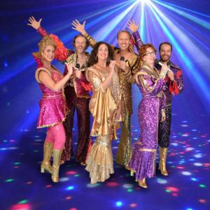 Maine State Music Theatre’s 2016 cast of “Mamma Mia! the Musical,” from left, Jennifer Swiderski as Tanya, Peter Simon Hilton as Harry Bright, Lauren Mufson as Donna Sheridan, Ian Knauer as Sam, Melinda Hull as Rosie, and Aaron Galligan-Stierle as Bill. Courtesy of Roger S. Duncan