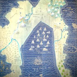 “North of tra la la,” by Waldoboro artist Debe Loughlin is a cyanotype on arches paper with white inks and thread. The artist will be displaying her art and greeting visitors at Moulinette, 60 Main Street, during the Wiscasset Art Walk on Sept. 29, 5-8pm. Photo courtesy of the artist.