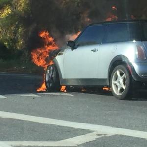 Mini Cooper engulfed in flames after crash at the Newcastle Route One junction on Tuesday, Oct. 11. KIPP WRIGHT/Boothbay Register