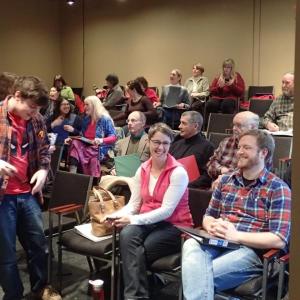 Roosevelt Bishop (standing left), Victoria Hamilton and Joel Biron enjoy some fun with members of The Spit Spot Singers at a recent rehearsal. Courtesy of Andrew Fenniman