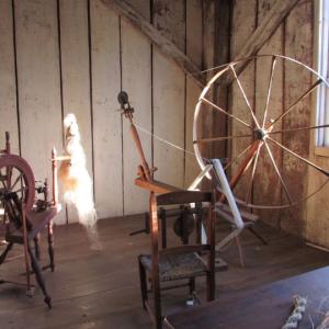Spinning wheels on display in the Chapman-Hall House kitchen. Courtesy photo