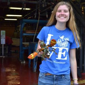 Abby Shaughnessy, University of Maine senior, is conducting research on lobster shell hardness. Courtesy of Aliya Uteuova