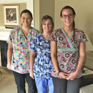 Chase Point CNAs Hanna Wile (front), Kelli Lewis, and Amanda Meadows (back) all became certified nursing assistants through LincolnHealth’s free course. Courtesy of LincolnHealth