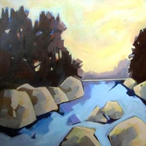 Sarah Wilde’s acrylic painting “Rocky Shore” is one of the works in BRAF’s August member show. Courtesy of the venue