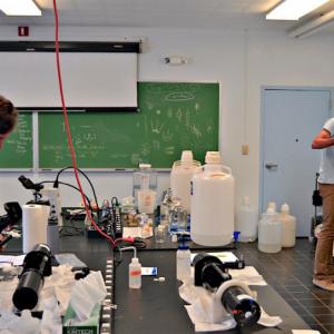 Julien Laliberte and Nils Haentjens busy in the lab during the ocean optics class held at the Darling Marine Center. Courtesy of Aliya Uteuova