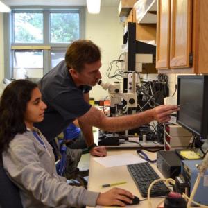 Dr. Joe Thompson and his intern Rashi Anand conducting an experiment on squid muscles at the Darling Marine Center in Walpole. Courtesy of Aliya Uteuova