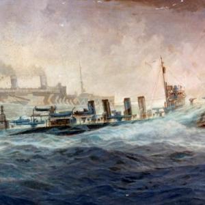 Burnell Poole, 1918 (detail) A Fast Convoy: USS Leviathan Escorted by USS Allen (DD-65). The Allen was one of a handful of Sampson-class destroyers built at Bath that were completed soon enough to see action during the war. Courtesy of Naval History and Heritage Command.