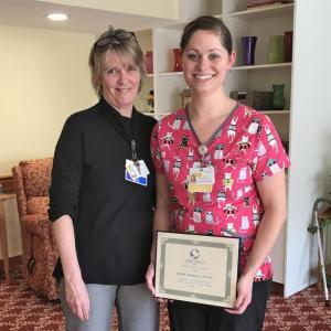 2017 Excellence in Long-Term Care Award recipient Sarah Spinney, CNA-M (right) with Cove’s Edge Director of Nursing Thelma Hannan, RN. Courtesy of LincolnHealth