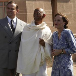 A scene from “Viceroy’s House” in which the Mountbattens (Hugh Bonneville and Gillian Anderson) meet with Mahatma Gandhi (Neeraj Kabi) in 1947. Courtesy photo