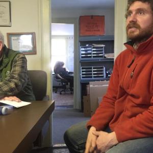 Alna Third Selectman Doug Baston, left, and Steve Piwowarski of Wiscasset, Waterville & Farmington Railway Museum take part in the March 28 selectmen’s meeting. SUSAN JOHNS/Wiscasset Newspaper