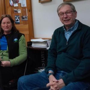 Carrie Kinne and Dennis Dunbar of Kennebec Estuary Land Trust attend Westport Island’s Monday, March 26 selectmen’s meeting. JANE CARPENTER/Wiscasset Newspaper.