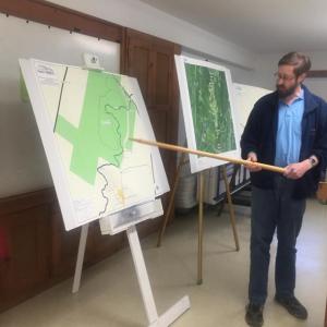 James Patten of Wiscasset, Waterville & Farmington Railway Museum reviews the nonprofit's five-year plan in a hearing April 2 at the Alna fire station. SUSAN JOHNS/Wiscasset Newspaper