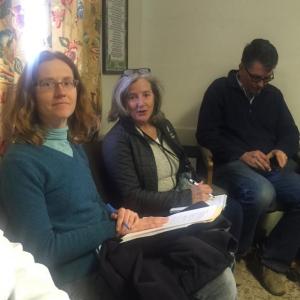 Midcoast Conservancy’s land and conservation director Anna Fiedler, left, and executive director Jody Jones meet with Alna selectmen April 11. At right is resident Ed Pentaleri. SUSAN JOHNS/Wiscasset Newspaper