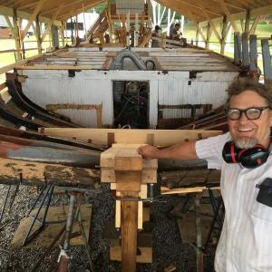 Shipwright Aaron Freeman at work on the Mary E restoration in July 2017. Courtesy of Maine Maritime Museum