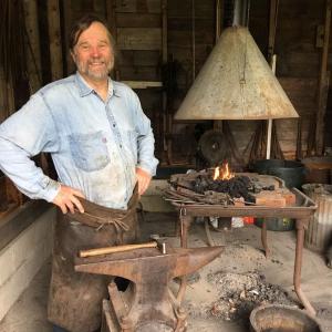 Jim Kearney, blacksmith, will be working in the forge at the Boothbay Railway Village every Wednesday and Sunday this summer. Courtesy of Margaret Hoffman