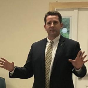 DA Jonathan Liberman discusses the opioid Ccsis in Maine at the June 27 meeting of the Lincoln County Republican Committee. Courtesy photo