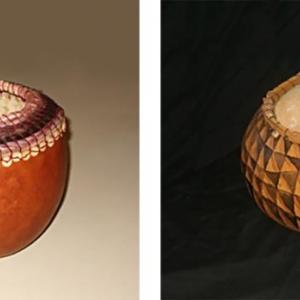 Two examples of decorated gourd baskets by Judy Dow. Dow will be teaching a basket-making class at DRA on July 19. Courtesy photos