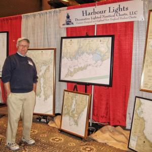 Carl Welshman’s lighted nautical charts are sure to catch the attention of those attending the 2018 Arts & Yachts Exhibition and Sale Aug. 10-12 at Hodgdon Yachts Services on Southport Island. Leslie Volpe photo