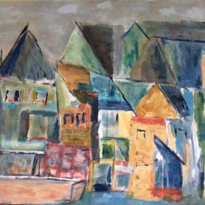 Fishing Village Blue is a recent abstract painting by Wiscasset artist Donna Barnako in which she combines acrylic paints with collage to give her work depth and texture. Courtesy photo