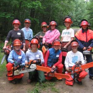 A group of participants in a previous chainsaw safety class at Hidden Valley Nature Center. Courtesy of Midcoast Conservancy
