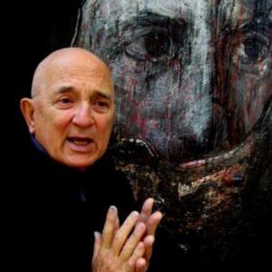 Leonard Meiselman and his painting, “Enigma.” Violet Brandwein photo Leonard Meiselman
