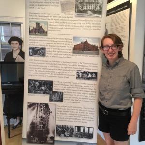 2018 Mount Holyoke College/Frances Perkins Center intern Ally Kelley with one of the travel exhibit panels. Courtesy photo
