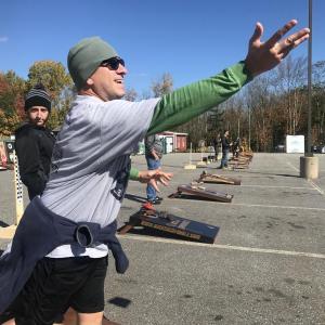 Jason Greenleaf of Sidney take a cornhole practice throw at Ames True Value Oct. 14 before tournament play begins. SUSAN JOHNS/Wiscasset Newspaper