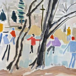 Patrick McArdle (1915-1997), Skaters in Red, Blue, and Lavender, oil, 9” X 12” is included in the new show at Gleason Fine Art. Courtesy of the gallery Patrick McArdle