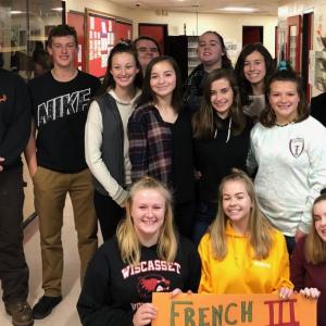WMHS French III students pictured here include Jordan Faulkingham, Brian Foye, Gwen Webber, Megan Syrjala, Gabby Leavitt, Chrissy Easter, Paige Davenport, Eliza Paradis, Lilly Souza, WMHS French teacher Irene Marchenay, Katelyn Long, Kaitlyn Main and Brooke Thayer. Courtesy photo