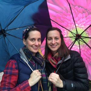 Identical twins Gabrielle, left, Angela DiPerri of Wiscasset are on the right track with umbrellas for Wiscasset’s Early Bird Nov. 10. SUSAN JOHNS/Wiscasset Newspaper
