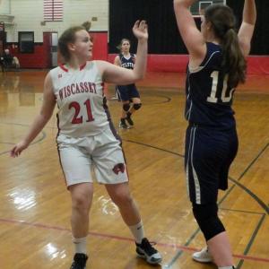 Maddy Carrier defends Telstar’s Luci Rothwell during Friday night’s game won by the Rebels at Wiscasset Middle High School. PHIL DI VECE/Wiscasset Newspaper