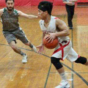 Chris Loyola, one of five seniors on the Wolverines’ roster this season, plays in the final home game at WMHS against Winthrop Feb. 2. PHIL DI VECE/Wiscasset Newspaper