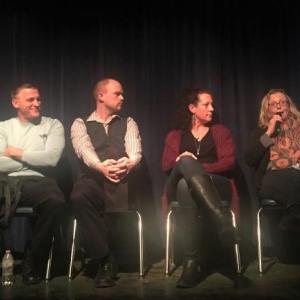 Panel members representing the local recovery collaborative in the Boothbay region, from left: Dr. Aquilino Alamo, Chief Bob Hasch, Daniel Bates, Lisa Carbone, Holly Stover, and Angela Musto at the documentary screening of “Recovery Boys” and participants in the Q&A afterward. LISA KRISTOFF/Boothbay Register