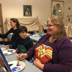 From left, Shena Thibeault, son Landin Shirey, 9, and Julie Bellefleur take to the acrylics. SUSAN JOHNS/Wiscasset Newspaper