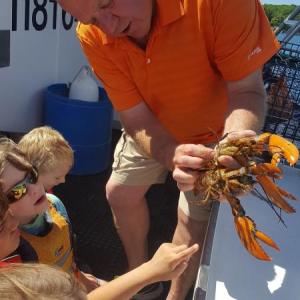 Lobsterman Tim Alley talks to Camp Mummichog campers about lobster anatomy on a camp field trip. Courtesy of DRA