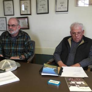 Greg Shute, left, takes part in his first meeting as an Alna selectman March 27. At right is former third, now second selectman Doug Baston. SUSAN JOHNS/Wiscasset Newspaper