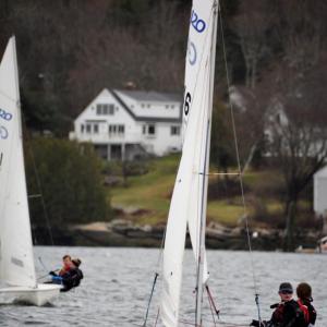 Toby Clarkson and Arden Carleton right, Bobby Clarkson and Kate Mason, left, learning to sail with the Boothbay Harbor Yacht Club April 27. Courtesy of BHYC