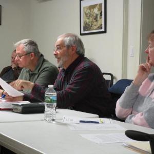 Tom Stoner, center, shares survey results with Woolwich selectmen Tuesday night. Also shown are Planning Board Chairman Gregg Buczkowski and fellow member Debbie Locke. PHIL DI VECE/Wiscasset Newspaper