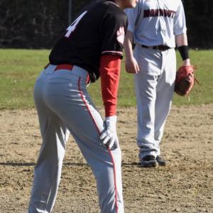 Kyle St. Pierre reached third base but couldn’t score for the Wolverines vs. Monmouth in Tuesday’s home opener. PHIL DI VECE/Wiscasset Newspaper