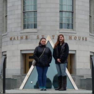 Madison Westrich, left, and Carolyn Potter visit the State House March 29. Courtesy photo
