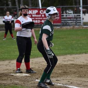 Ellie Pratt keeps an eye on the Carrabec runner at third base. PHIL DI VECE/Wiscasset Newspaper