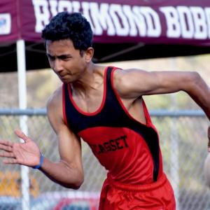 Muhammad Khalique won his heat and placed fifth for the Wolverines in the 100-meter dash at the April 30 MVC meet. PHIL DI VECE/Wiscasset Newspaper