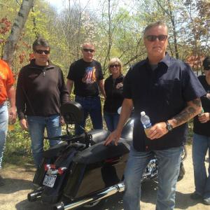 Motorcycling friends stopping by Head Tide Dam May 25 are, in front, Todd Yates and Rachel Talarico, both of Auburn; and back row, from left, Scott Malcolm and Allen Thompson of Auburn, Mick Labonte of Lewiston and Jeanine St. Hilaire of Minot. SUSAN JOHNS/Wiscasset Newspaper