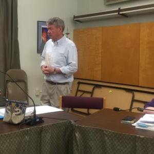 Wiscasset Appeals Board Chair Susan Blagden and Interim Town Manager John O'Connell chat before the panel's May 6 meeting. At right is member Susan van Alsenoy. SUSAN JOHNS/Wiscasset Newspaper