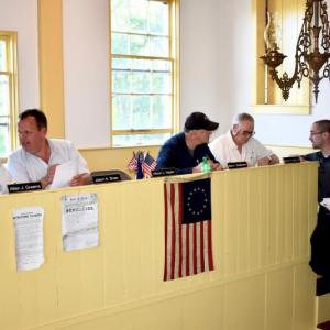 The Woolwich Select Board before the start of Monday evening’s meeting. PHIL DI VECE/Wiscasset Newspaper