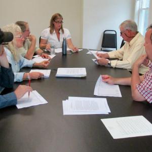 The Woolwich Select Board meets with Town Administrator Kim Dalton, center, June 26. PHIL DI VECE/Wiscasset Newspaper