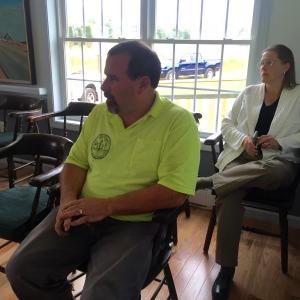 Wiscasset Transfer Station Superintendent Ron Lear listens to Alna selectmen June 26. Also pictured is Alna resident Carrie Kipfer. SUSAN JOHNS/Wiscasset Newspaper