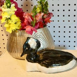 “Bufflehead Duck” is just one of the many unique glazed clay pieces by Trudi Curtis currently on display at the Pemaquid Art Gallery. Courtesy of the venue