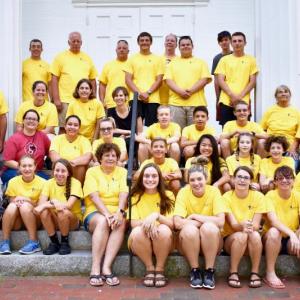 The youth mission group from Immanuel United Church of Christ in Shillington, Pennsylvania poses for a picture on the steps of First Congregational Church of Wiscasset. PHIL DI VECE/Wiscasset Newspaper